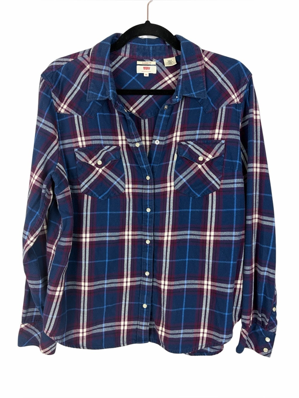 Levi’s Classic Fit Plaid Flannel Shirt XL Blue Purple Pearl Snap